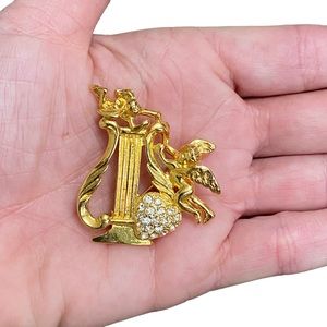 Vintage Cherub & Rhinestone Gold Tone Brooch & Pendant Premier Design